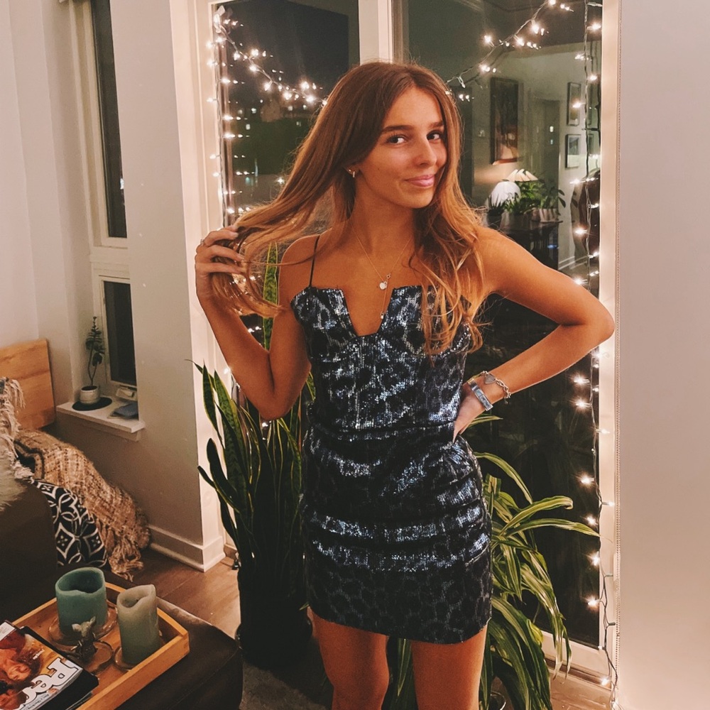 Zara Sparkling Navy Sequin Leopard Bustier Dress